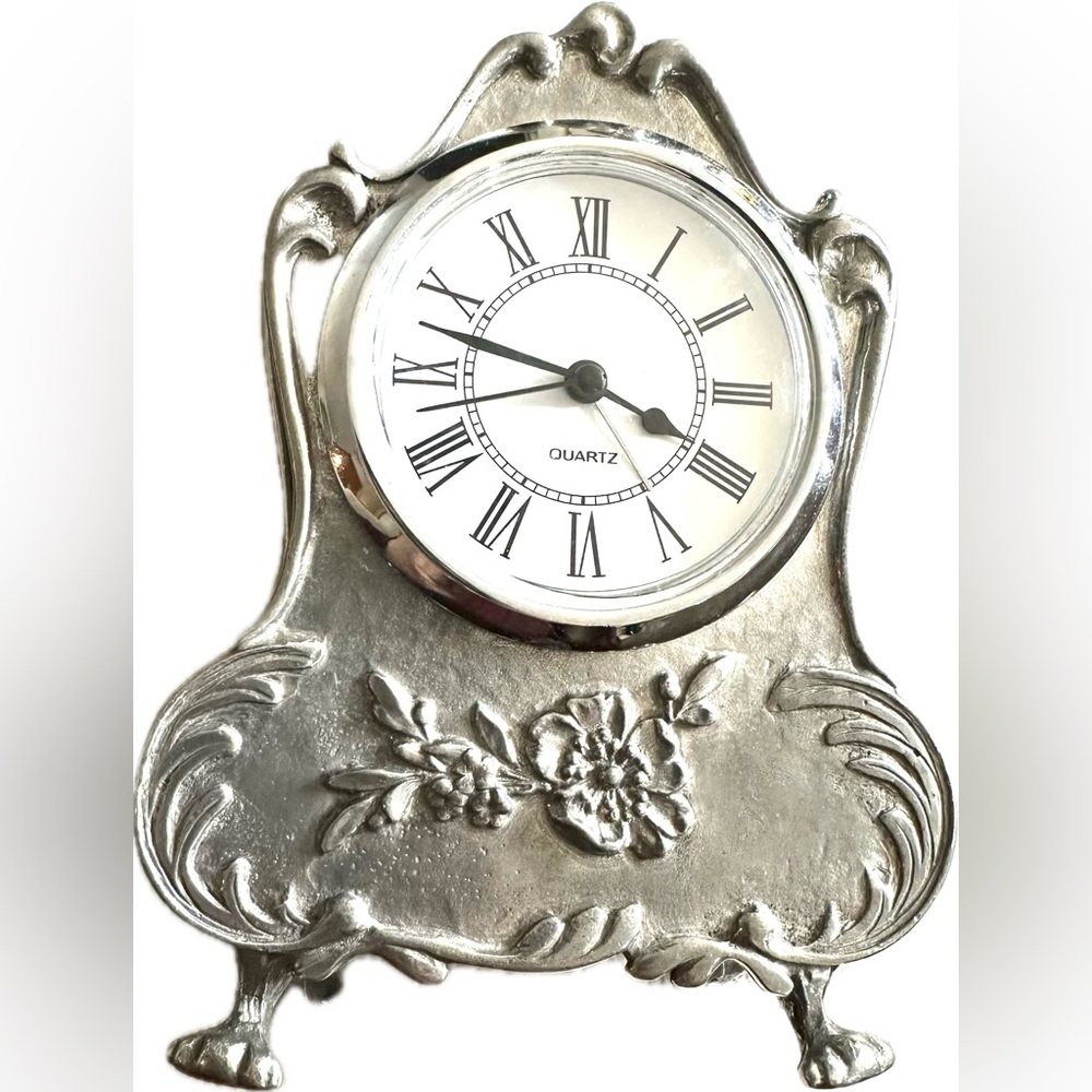 ETAIN ZINN PEWTER Silver Made in France Floral Table Desk Clock Floral Handcraft